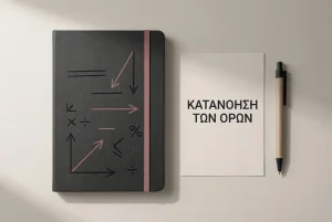 Τετράδιο με αφηρημένα γεωμετρικά σχήματα και απλές γραμμές υπολογισμού πάνω σε λιτό γραφείο