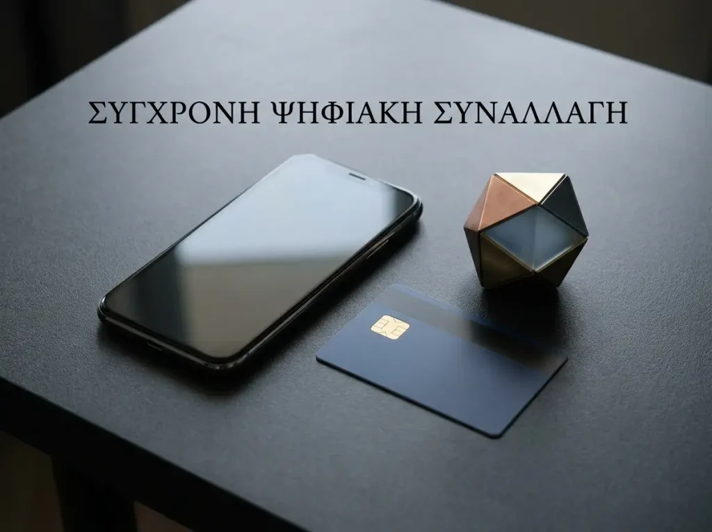 Αφηρημένο ηλεκτρονικό πορτοφόλι δίπλα σε απλό κινητό και τραπεζική κάρτα χωρίς αναγνώσιμη οθόνη