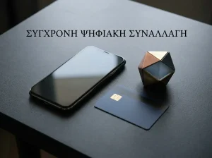 Αφηρημένο ηλεκτρονικό πορτοφόλι δίπλα σε απλό κινητό και τραπεζική κάρτα χωρίς αναγνώσιμη οθόνη
